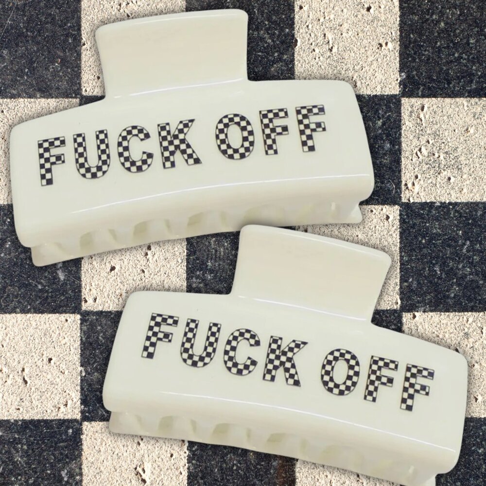 Acrylic Checker 'F*** OFF' Print Hair Claw - 3.1'' Wide with a Black Velvet Bag